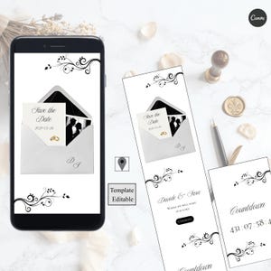 Puede incluir: Una invitación de boda digital en un smartphone, con un diseño de sobre blanco y el texto "Save the Date". Una silueta de pareja y motivos florales negros adornan el diseño. También se ven anillos de oro.