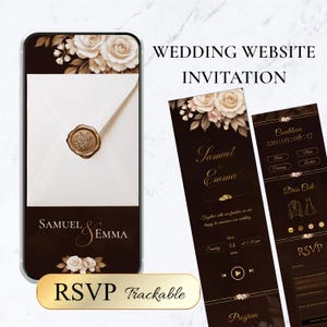 Può includere: Un modello di invito per sito web di matrimonio con sfondo marrone scuro e illustrazioni di rose color crema. Il design include una busta bianca con un sigillo di ceralacca dorato, i nomi Samuel ed Emma, e sezioni per RSVP, conto alla rovescia e dettagli.