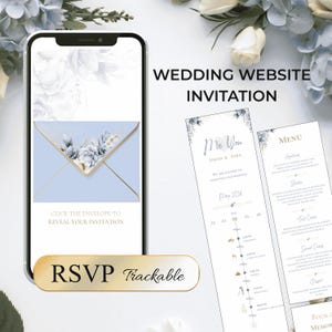 Può includere: Un design di invito di nozze digitale con una busta azzurra con accenti floreali su uno schermo di smartphone. Le parole "Wedding Website Invitation" e "RSVP Trackable" sono visualizzate. Ulteriori dettagli del matrimonio.