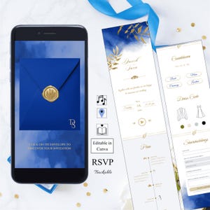 Animated Digital Wedding Invitation Video | Canva Template digital RSVP Countdown Music Dress Code | Blue Gold | Send via WhatsApp
