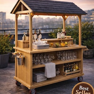 May include: A wooden rolling outdoor bar cart with a roof, shelves, and wheels. The cart is stocked with glassware, bottles, and ice. Text on the image reads "Rolling Outdoor Bar Cart for Entertaining" and "Best Seller on Etsy!"