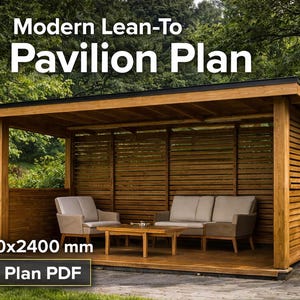 Plano de pabellón adosado moderno de 3600 x 2400 mm, plano de refugio de jardín DIY (PDF), estructura de salón al aire libre, planos de carpintería (métrico)