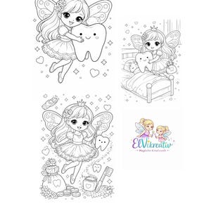 3 Tooth Fairy coloring pages, printable on A4 portrait format. (PDF)