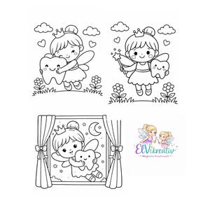 3 Tooth Fairy coloring pages for young and old, to be printed on DIN A4 portrait format (PDF file)