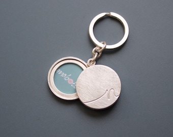 Silver keychain locket for two pictures - initial keyring locket - custom monogrammed keychain locket