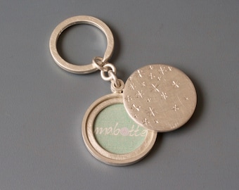 solid silver keychain locket for one picture with starry night design