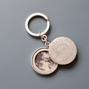 silver keychain locket for two pictures with sun decor image 3