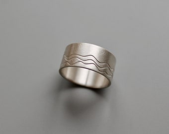 wide silver band ring with waves design