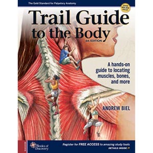 Op de afbeelding: Boekomslag van "Trail Guide to the Body, 6e editie". Het toont een gedetailleerde anatomische illustratie van de menselijke rug met figuren die de spieren beklimmen. De tekst luidt: "Een praktische gids voor het lokaliseren van spieren, botten en meer."