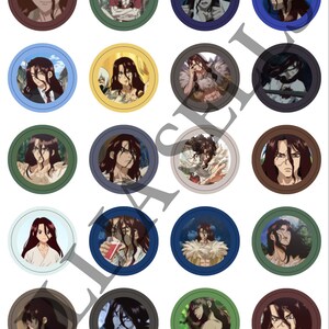 May include: A collection of twenty circular stickers featuring various illustrations of a long-haired anime character with dark hair and distinct facial markings. Each sticker is framed by a solid colored border in shades of blue, green, or brown.