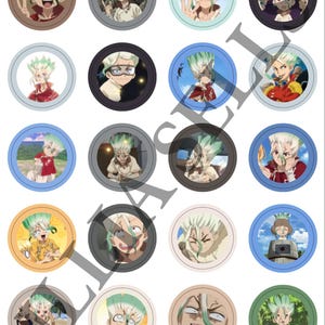 May include: A sheet of twenty circular stickers featuring various illustrations of the anime character Senku Ishigami from Dr. Stone, each set within a colored border. The stickers display the character in diverse expressions and outfits.