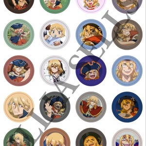 May include: A sheet of twenty circular stickers featuring various anime-style illustrations of a blonde character in different outfits and expressions, including pirate hats and military-style uniforms, arranged in a four-by-five grid pattern.