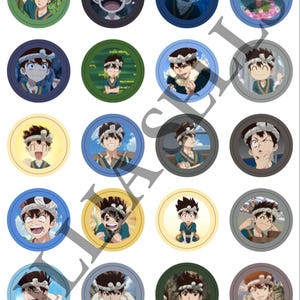 May include: A sheet of twenty circular stickers featuring various anime-style illustrations of a character with spiky brown hair and a white headband. Each sticker displays a different facial expression or pose, set against diverse colored borders.