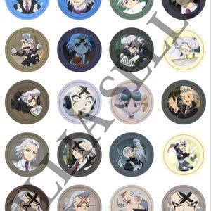May include: A collection of twenty circular stickers featuring various anime-style illustrations of a character with white hair and a prominent black X-shaped mark on their forehead. The stickers are arranged in a grid with diverse colored borders.
