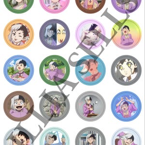 May include: A collection of twenty circular stickers featuring various anime-style illustrations of a character with split-colored black and white hair wearing a purple garment. Each sticker is framed by a distinct colored border in a grid layout.
