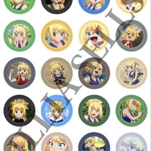May include: A sheet of twenty circular stickers featuring various anime-style illustrations of a blonde character with different facial expressions and poses, set against diverse backgrounds, with a watermark text overlaying the entire image.