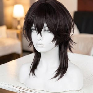 Brun Wolf Cut Mullet Peruk med Lugg | Lång Rak Anime Cosplay Peruk | Unisex Punk Gotisk Hårperuk