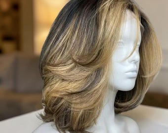 Peruka typu bob z blond pasemkami | Krótkie, warstwowe, wilcze cięcie, koronkowe zapięcie 5x5 | Peruka z naturalnych włosów do brody, stylizacja z ludzkich włosów