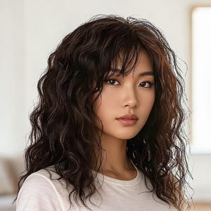 Peut inclure: Portrait d'une personne aux cheveux bruns et ondulés et portant un t-shirt blanc. La personne a une expression neutre, des yeux foncés et une peau claire. L'arrière-plan est de couleur neutre et douce.