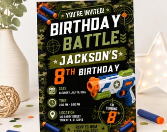 Invitation d'anniversaire de bataille de nerf | Modèle de toile modifiable | Invitation de fête de fléchettes en mousse pour enfants | Invitation d'anniversaire camouflage militaire |