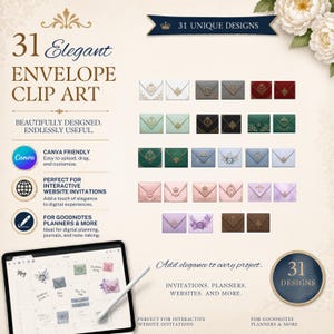 Puede incluir: Imagen que muestra 31 elegantes diseños de clip art de sobres. Los diseños presentan varios colores y elementos decorativos, con el texto "31 Unique Designs" y "Add elegance to every project." También se incluye una tableta que muestra diseños de sobres.