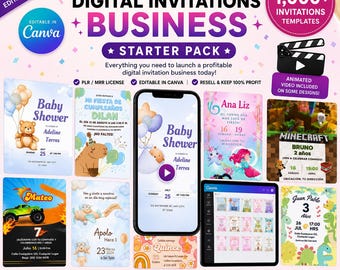 Invitations de fête modifiables | fête d'anniversaire d'enfants | Plus de 1 000 invitations modifiables sur toile | Pack DPP MRR | Téléchargement instantané, invitations d'anniversaire d'enfants
