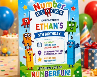 Modèle d'invitation d'anniversaire Numberblocks | Toile d'invitation modifiable | Invitation de fête d'anniversaire d'enfants | Téléchargement numérique 5 x 7