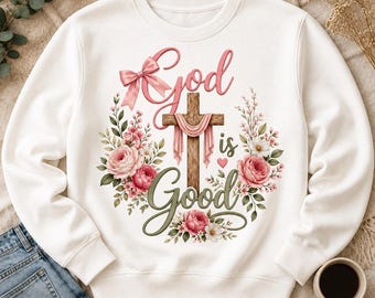 Conception confessionnelle | Fond transparent | Design de chemise religieuse | Bible PNG Télécharger Dieu est bon PNG | Croix florale chrétienne PNG