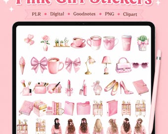 Lot de cliparts fille rose PNG | 50+ autocollants coquettes mignons | Stickers numériques Goodnotes | DPP MRR compatible avec les toiles | Stickers agenda numérique