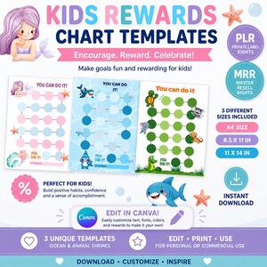 May include: Colorful kids' reward chart templates with ocean and animal themes. The design includes a mermaid, starfish, and cartoon sharks, turtles, and other animals. The text reads "KIDS REWARDS CHART TEMPLATES" and "You can do it!"
