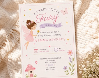 Modèle d'Invitation fée baby shower, toile d'invitation modifiable, baby shower fée rose, Invitation baby shower fille, téléchargement immédiat