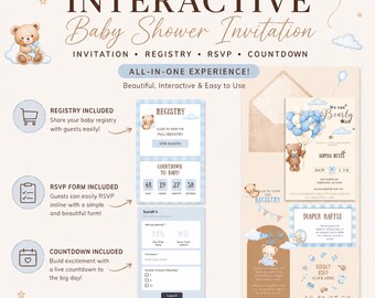Invitation interactive baby shower ours | Formulaire RSVP, registre et compte à rebours inclus | DPP MRR Téléchargement numérique