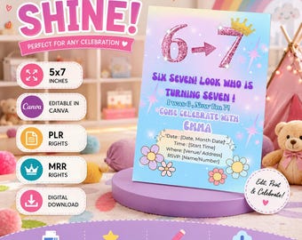 Invitation d'anniversaire modifiable pour le 7e anniversaire fille, invitation d'anniversaire princesse paillettes roses, fête du 7e anniversaire pastel groovy Y2K, RP et Mrr numérique