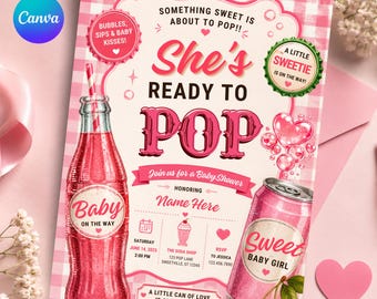 Modèle d'Invitation baby shower prête à éclater, elle est prête à éclater, inviter baby shower soda pop, shower de bébé fille vichy rose, modèle de toile
