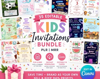 Modèles modifiables canva de lot d'invitations d'anniversaire pour enfants | 35 invitations modifiables | DPP MRR | Invitations de fête imprimables
