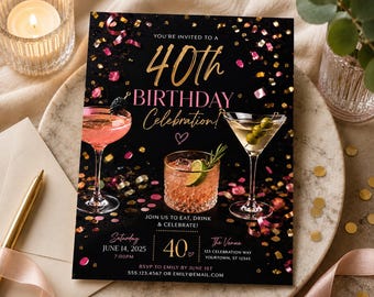 Anniversaire rose or noir | Modèle d'invitation pour 40e anniversaire modifiable sur Canva | Invitation fête 5 x 7 | DPP Droits MRR | Téléchargement numérique |