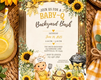 Invitation baby shower tournesol | Modèle pour baby shower de barbecue dans l'arrière-cour | Modifiable sur Canvas | Téléchargement numérique