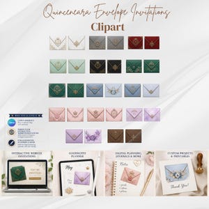 Peut inclure: Collection de cliparts d'enveloppes de quincea&ntilde;era dans diverses couleurs, dont blanc, gris, rouge, vert et bleu. Chaque enveloppe pr&eacute;sente des accents dor&eacute;s d&eacute;coratifs et le chiffre "15". L'image pr&eacute;sente &eacute;galement des exemples d'invitations de sites Web interactives et de planification num&eacute;rique.