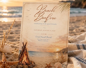 d'invitation pour un feu de camp sur la plage | Modifiable sur Canvas | Invitation fête de plage 5 x 7 | Téléchargement numérique | Droits DPP et RMP