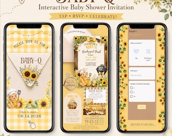 Invitation de site Web animée Baby-Q barbecue baby shower, RSVP avec suivi, modèle numérique sur toile (invitation de baby shower), chignon bébé, formulaire RSVP