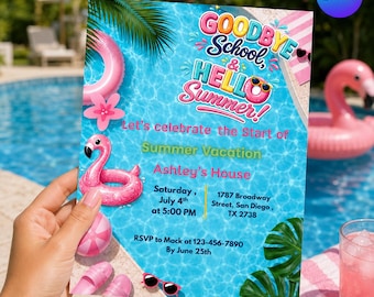 Modèle d'invitation à une fête au bord de la piscine, coquette rose au bord de la piscine, modèle de toile d'anniversaire de bain d'été modifiable, téléchargement numérique, PLR | Droits MRR