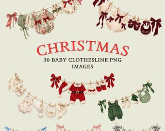 Peut inclure: Une collection d'illustrations numériques montrant des vêtements de bébé suspendus à des cordes à linge avec des nœuds. Le texte indique Little Creative Market, CHRISTMAS, et 30 BABY CLOTHESLINE PNG IMAGES. Inclut barboteuses, bonnets, chaussons et bavoirs.