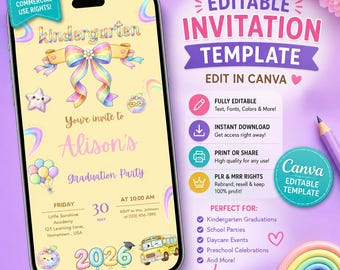 Invitation mobile modifiable pour les diplômés de la maternelle 2026, modèle d'invitation de remise des diplômes, modèle canva, modèle de fête PLR MRR