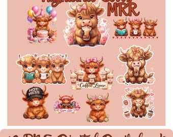 Peut inclure: Dix téléchargements numériques PNG présentant des vaches des Highlands de dessin animé. Les illustrations montrent les vaches dans diverses poses, tenant des boissons, lisant des livres ou portant des accessoires. La palette de couleurs est principalement rose clair et marron.