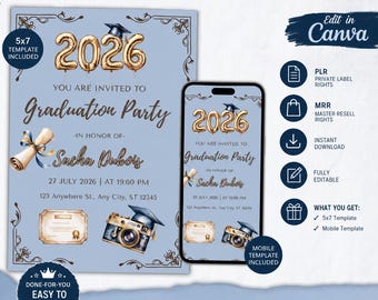 Modèle d'invitation de remise des diplômes modifiable 2026 modifiable sur Canva, 5 x 7 et invitation mobile, invitation à une fête de remise des diplômes, téléchargement numérique PLR MRR,