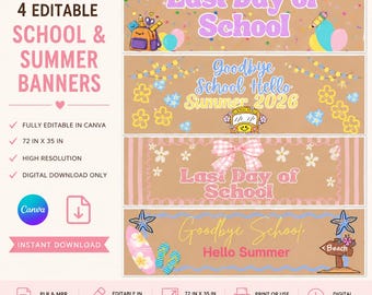 Bannière imprimable dernier jour d'école, au revoir l'école, bonjour l'été, bannière bonjour l'été, bannière de l'école, téléchargement numérique, bannières PLR MRR