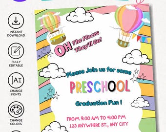 Faire-part de remise des diplômes préscolaire modifiable | Faire-part de remise des diplômes pour enfants | Thème arc-en-ciel | Téléchargement instantané | DPP MRR numérique | plr mrr inviter