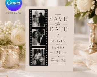 Faites gagner la date d'invitation, pellicule photo réservez la date, modèle de toile modifiable, faire-part de mariage moderne, téléchargement numérique 5 x 7