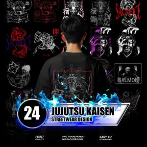 Peut inclure: Un t-shirt noir avec un design streetwear Jujutsu Kaisen. L'image présente divers graphismes et le texte "24 JUJUTSU KAISEN STREETWEAR DESIGN". Le texte supplémentaire comprend "PRINT QUALITY", "PNG TRANSPARENT NO BACKGROUND" et "EASY TO DOWNLOAD".