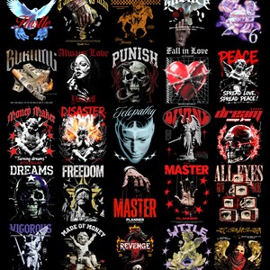 May include: A collection of graphic designs on a black background. The designs feature various themes, including angels, skulls, and text such as "Master," "Revenge," and "Little Angel." The color palette includes red, white, and black.